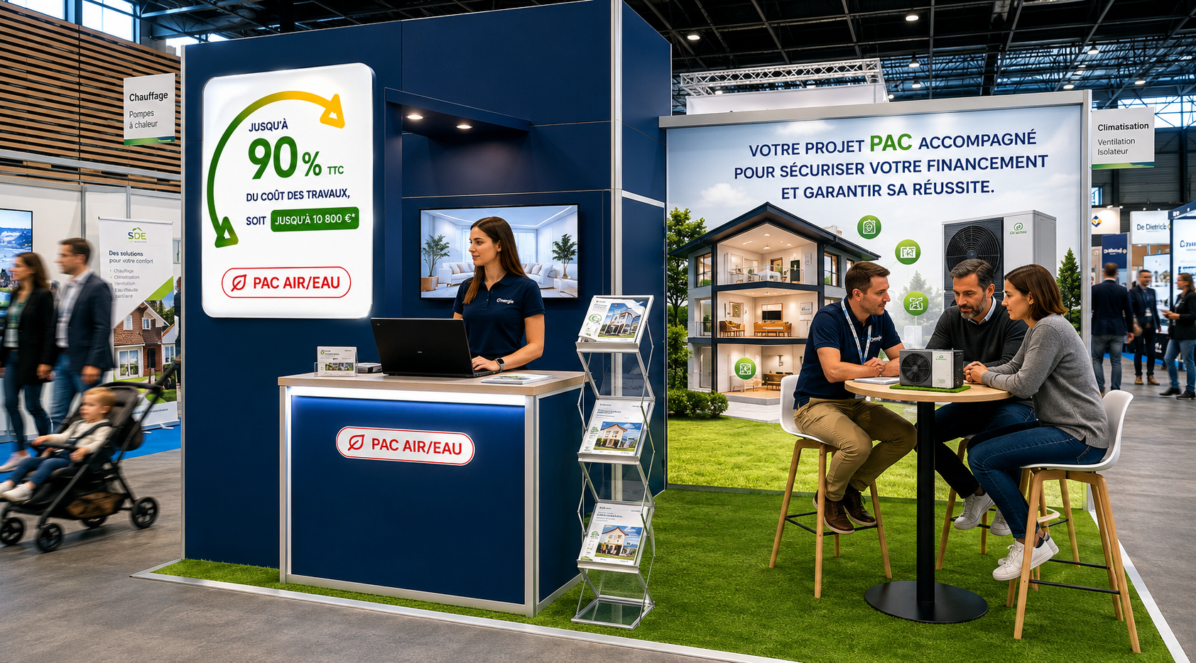Stand Cnergie au salon de la pompe à chaleur — Installation PAC éco-financée, présentation des aides CEE et MaPrimeRénov'