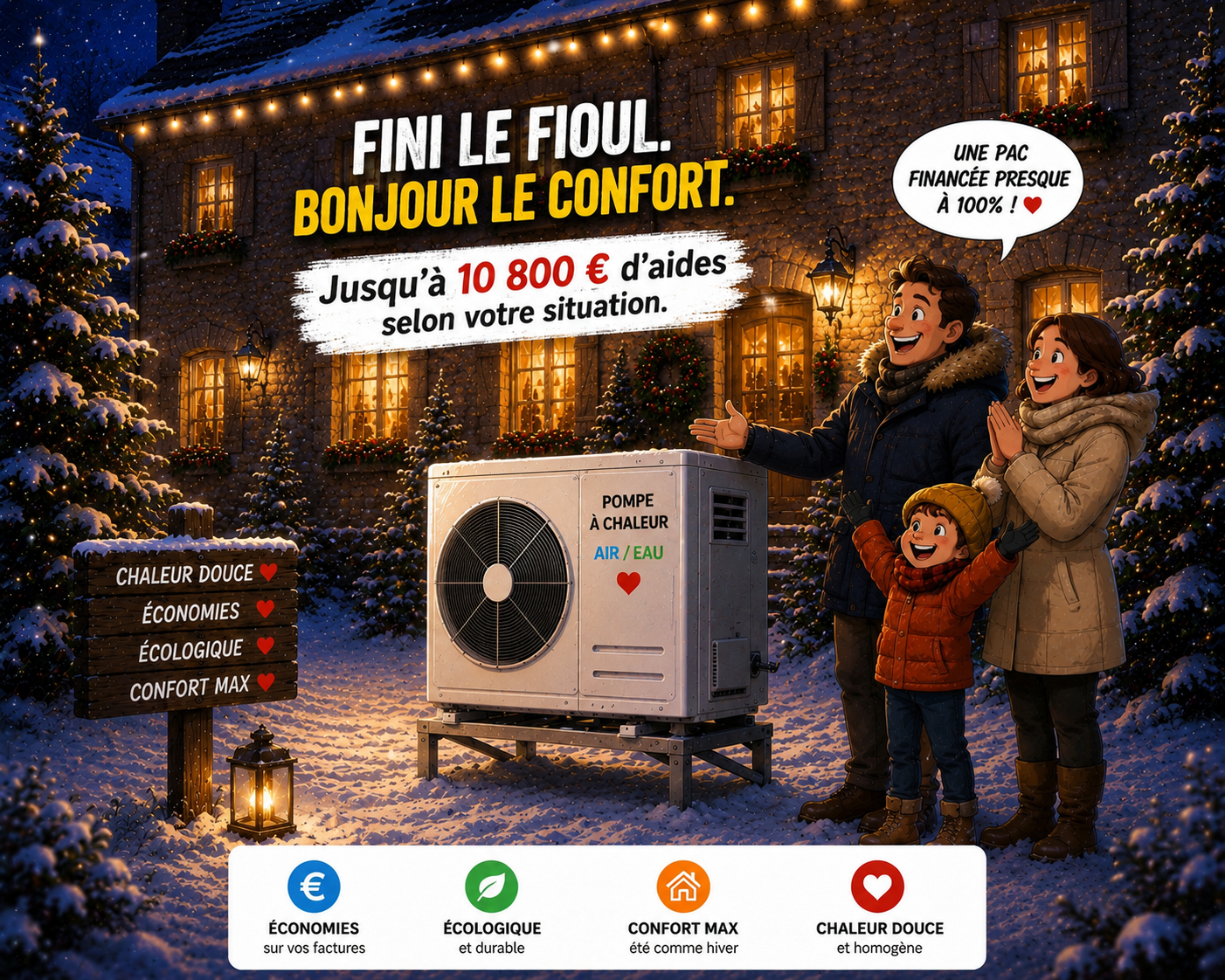 Fini le fioul — famille heureuse avec leur pompe à chaleur Cnergie