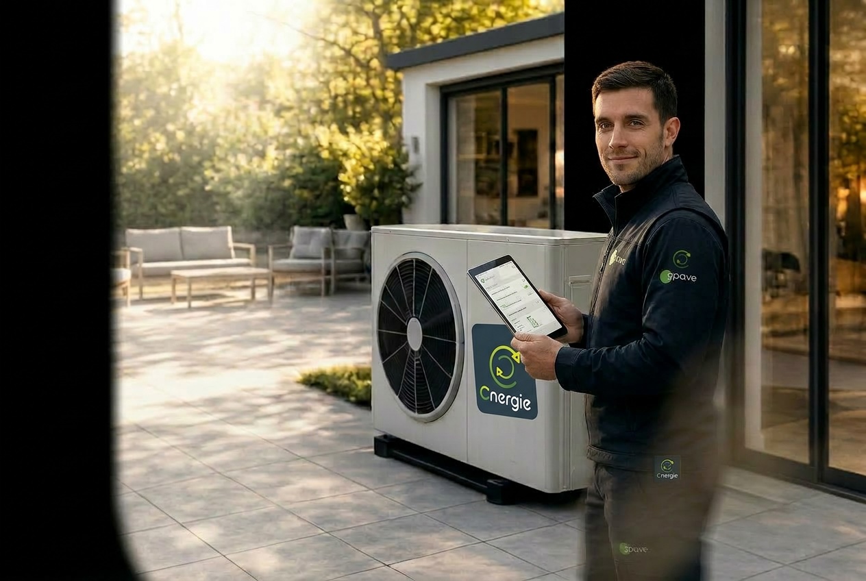 Technicien Cnergie contrôle une installation PAC — certifié Apave
