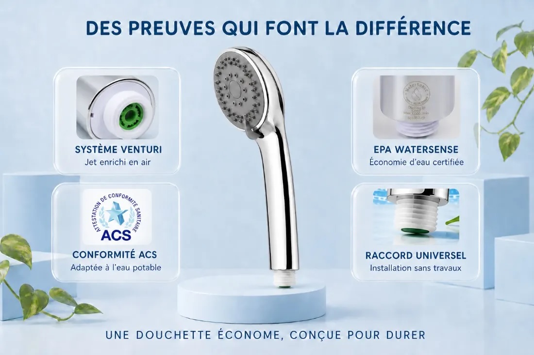 Douchette économe Venturi Cnergie avec EPA WaterSense, conformité ACS et raccord universel