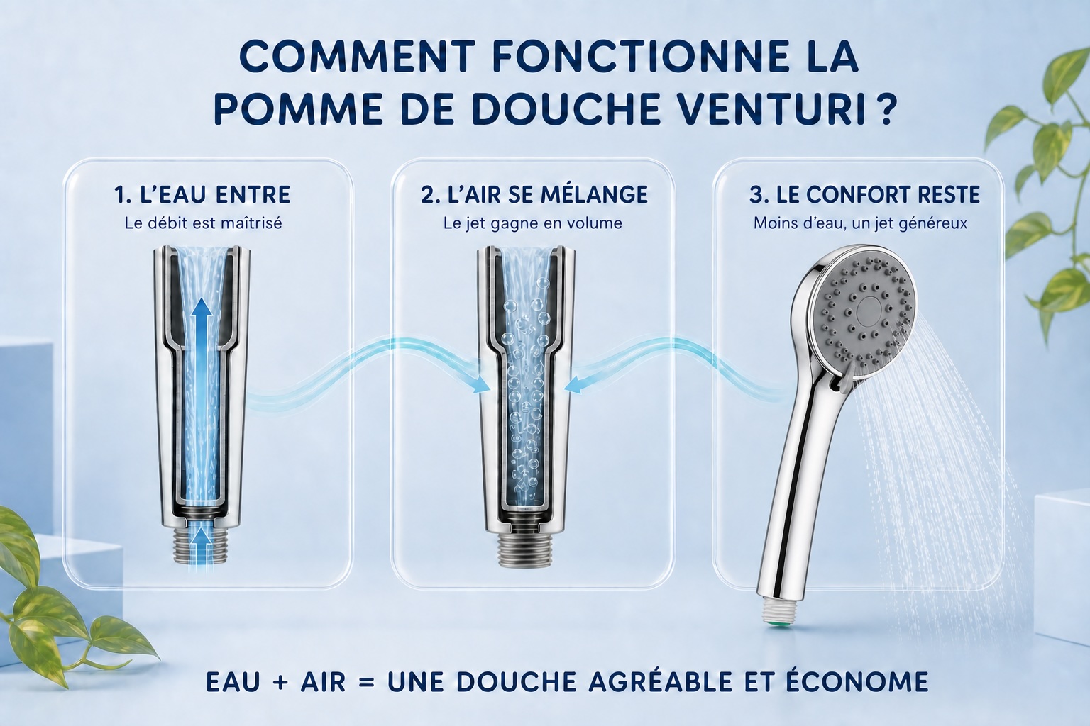 Schéma du système Venturi montrant l’eau entrant par le bas et se mélangeant à l’air