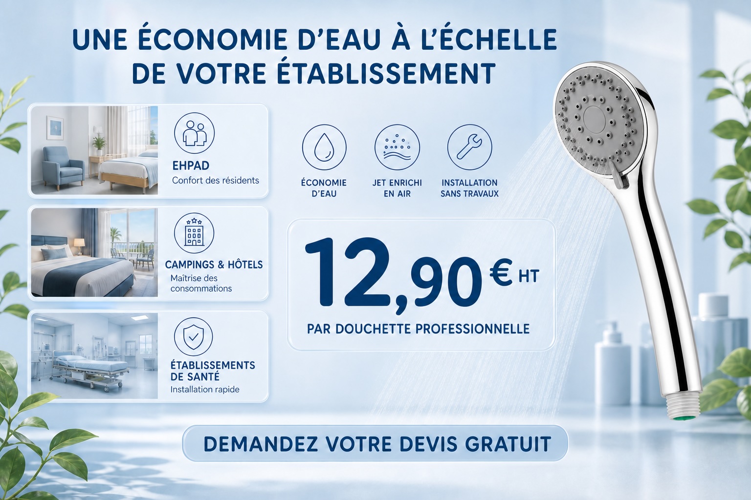 Offre professionnelle de douchette économe pour EHPAD, campings, hôtels et établissements de santé