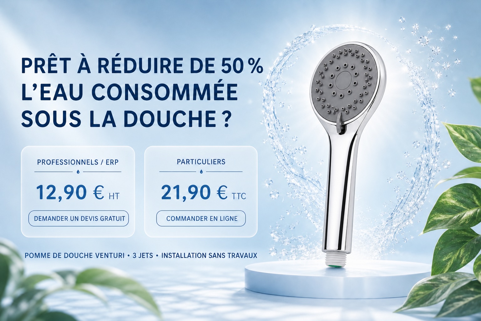 Appel à l’action pour demander un devis ou commander une douchette économe Venturi Cnergie