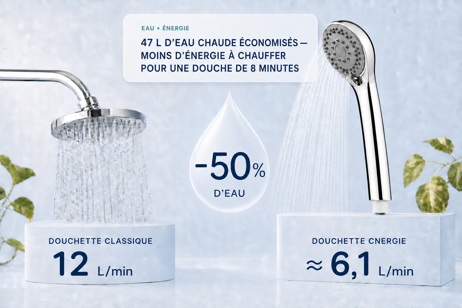 Comparatif entre une douchette classique de 12 litres par minute et une douchette Cnergie de 6,1 litres par minute