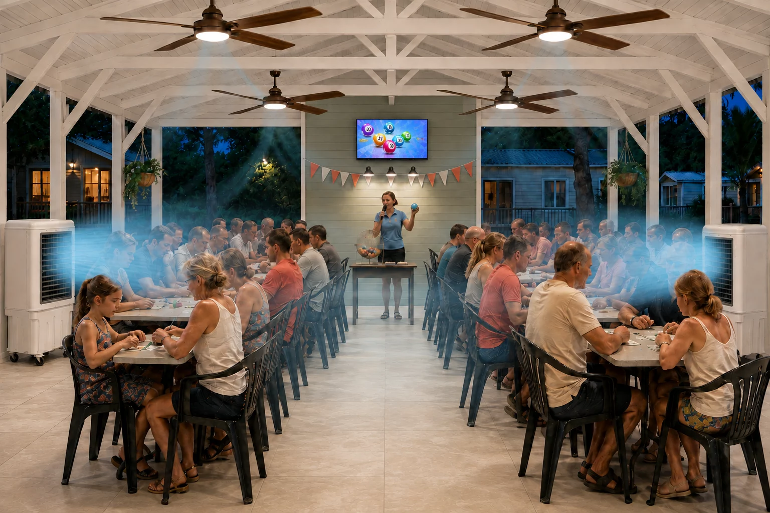 Air frais diffusé horizontalement jusque dans l'allée par deux refroidisseurs puis réparti vers les tables par quatre brasseurs lors d'un loto en camping