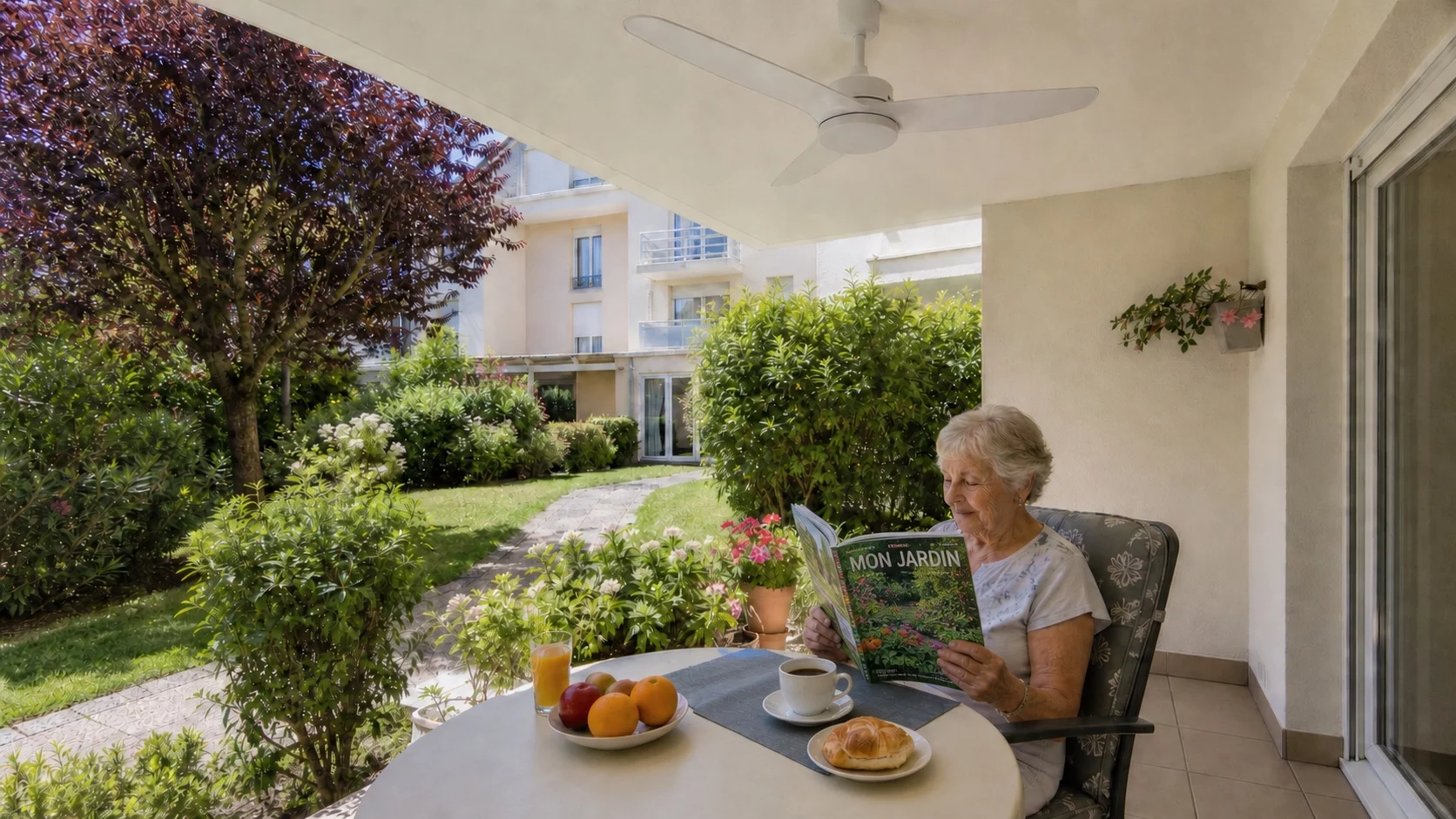 Petit-déjeuner sur un balcon en résidence seniors