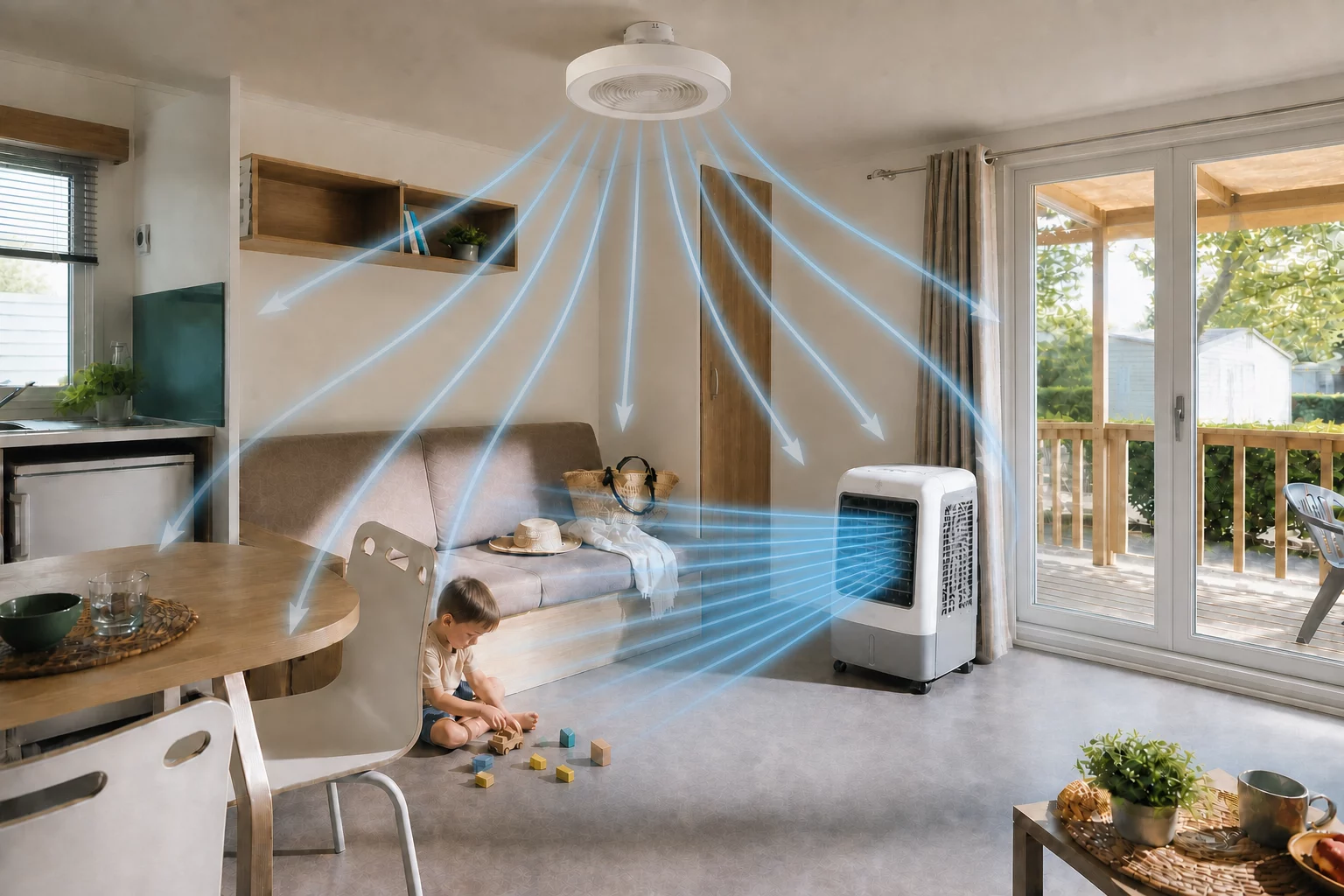 Air frais diffusé exclusivement par la grille frontale d'un rafraîchisseur adiabatique puis réparti par un brasseur de plafond