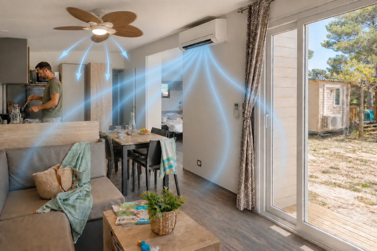 Diffusion sobre et homogène de l'air climatisé dans un bungalow, avec rabattement vers le bas par un brasseur d'air