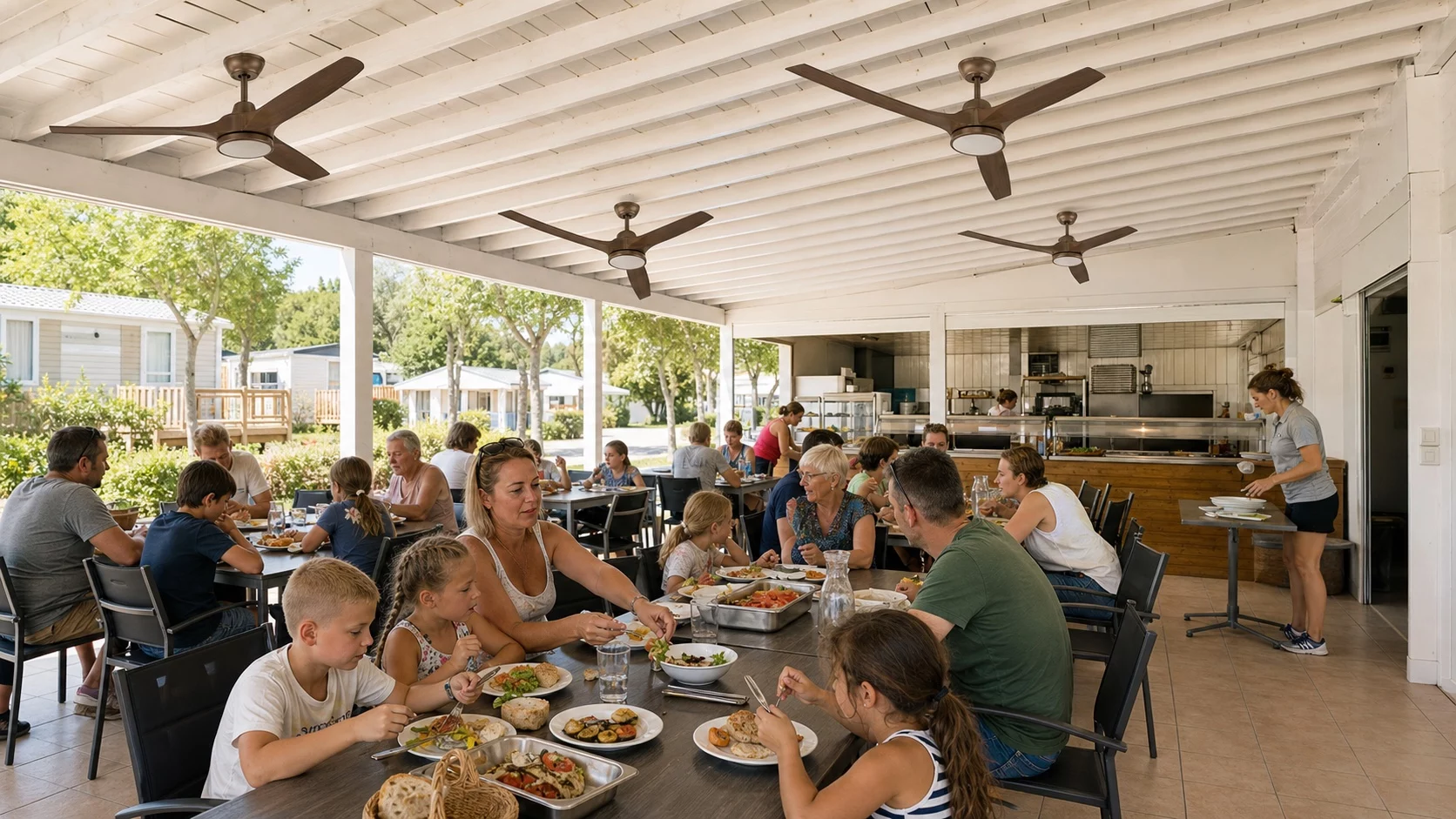 Restaurant collectif couvert équipé de brasseurs d'air