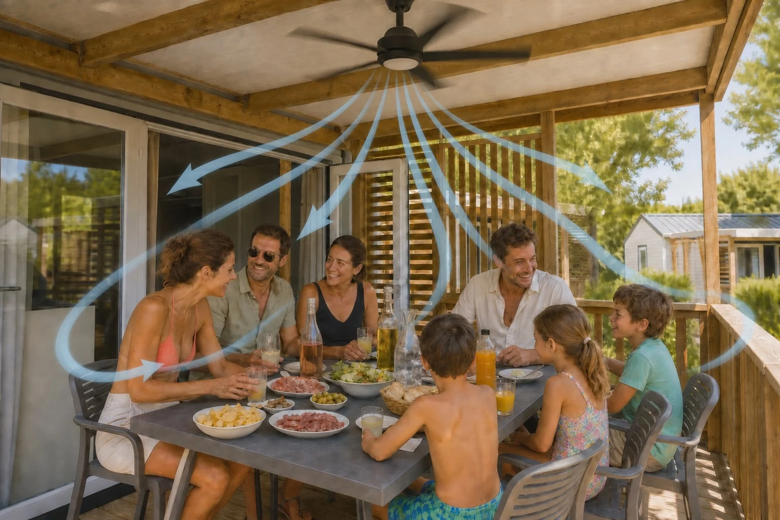 Diffusion de l'air par un brasseur au-dessus d'une famille réunie sur la terrasse d'un bungalow