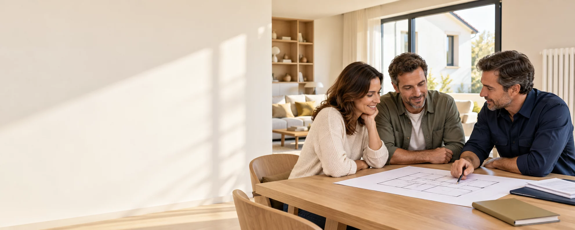 Illustration d’un couple préparant son projet de rénovation avec un conseiller