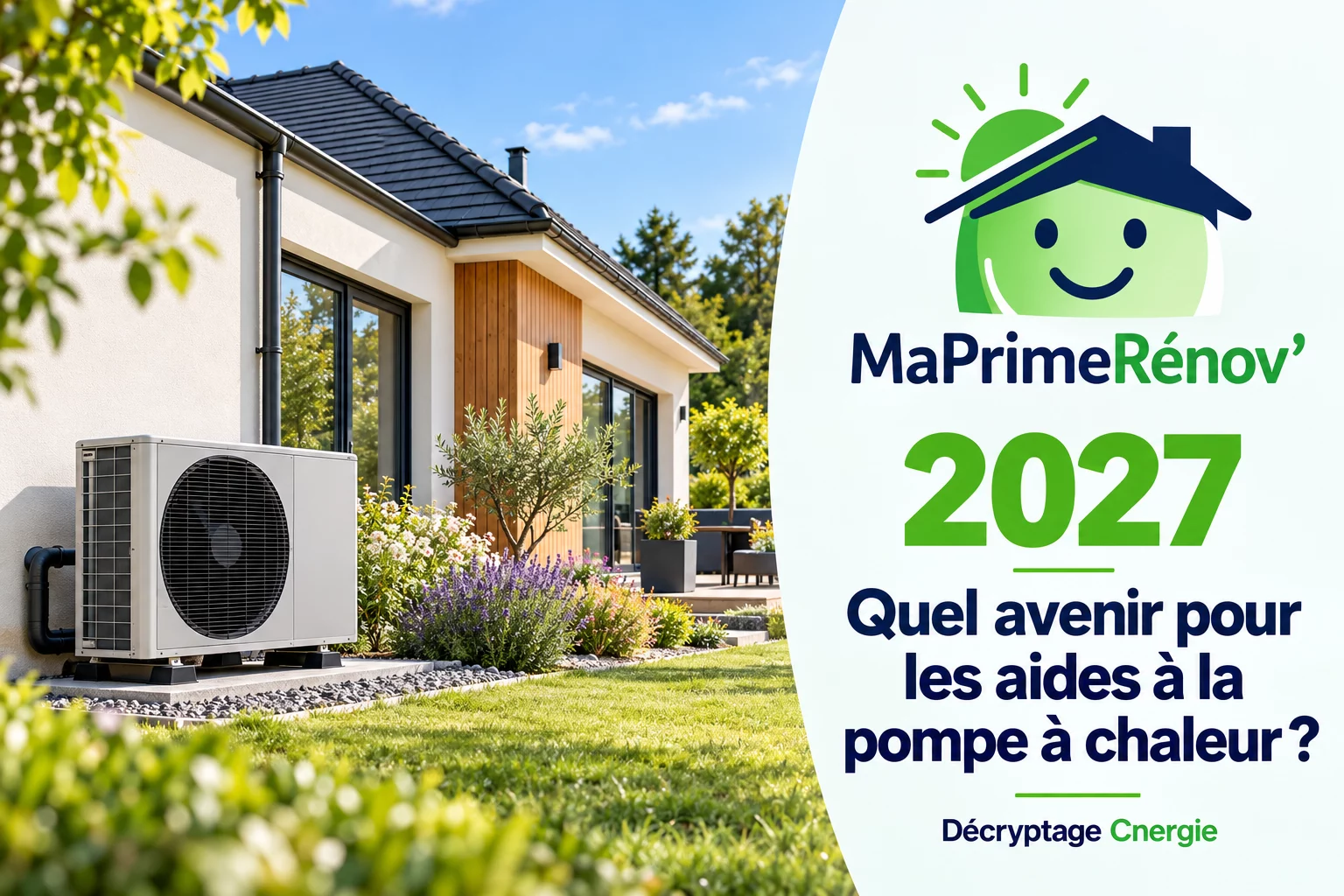 Pompe à chaleur devant une maison — MaPrimeRénov’ 2027, quel avenir pour les aides ?